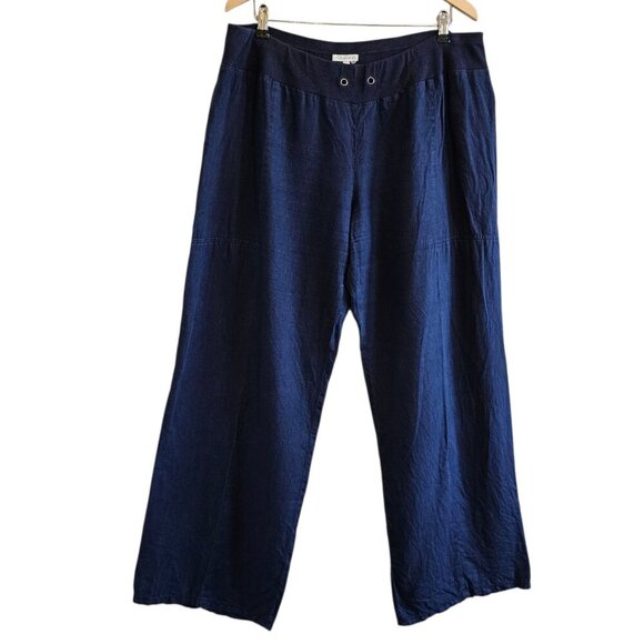 Eileen Fisher Wide Leg Organic Linen Navy Blue Pull On High Rise Relaxed Pants L - Picture 1 of 12